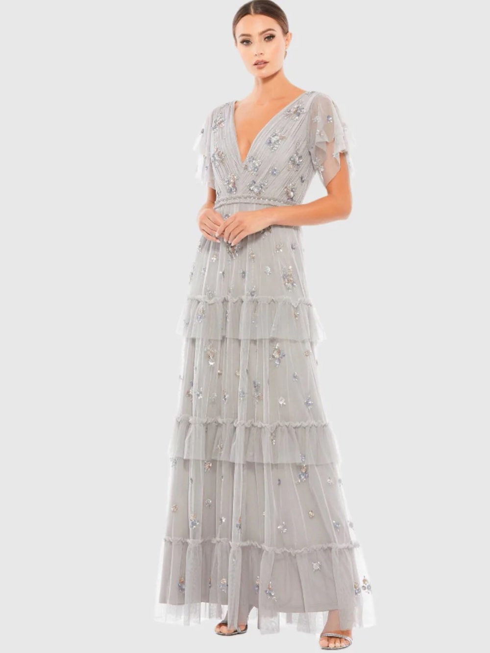 New Mac Duggal Silver-Gray Platinum Embellished V-Neck Tiered Maxi Dress Size 4
